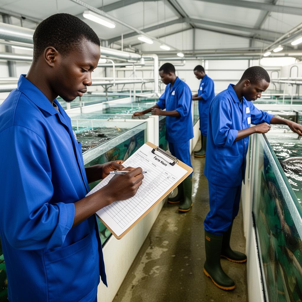 Personnel noir africain d'aquaculture industrielle remplissant des fiches manuelles près des infrastructures
