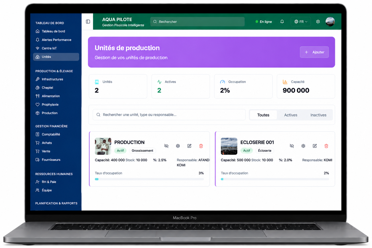 Interface AquaPilote — gestion des unités de production aquacoles
