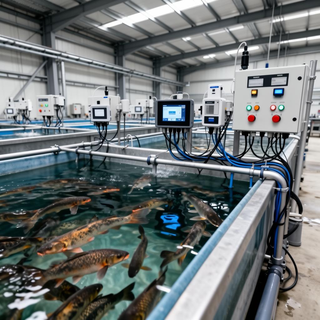 Infrastructure industrielle d'aquaculture connectée avec capteurs IoT et panneaux de contrôle